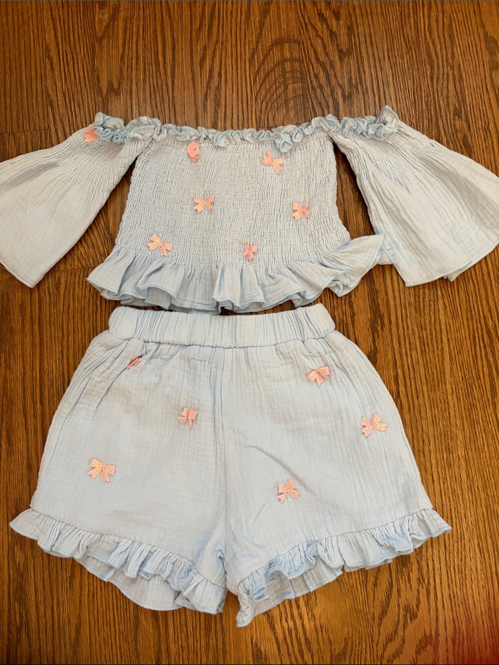 Lola + The Boys Light Blue Off-Shoulder Ruffle Top & Shorts Set with Pink Bows